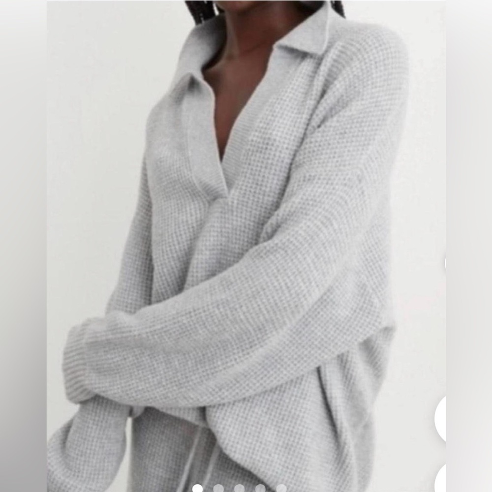 Aerie CozyUp Waffle Knit Polo Sweater in Light Gray Size XS